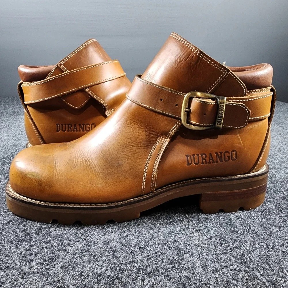 Durango Buckle Strap Leather Ankle Boots Mens 9.5 D Tan Lug Sole